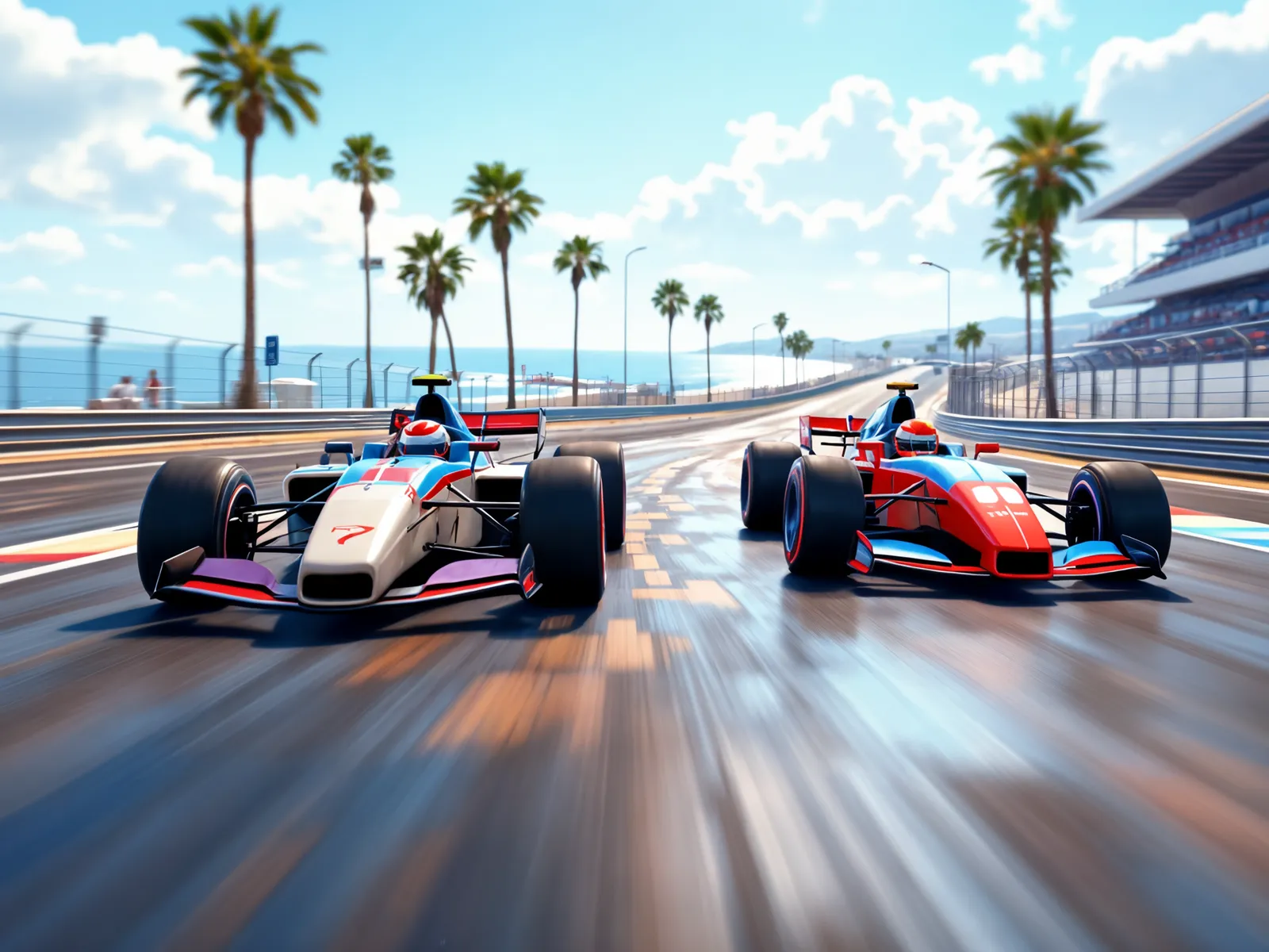 Speed Freak VR Racing box art - two open-wheel race cars on a coastal street circuit, in blue, white and red livery
